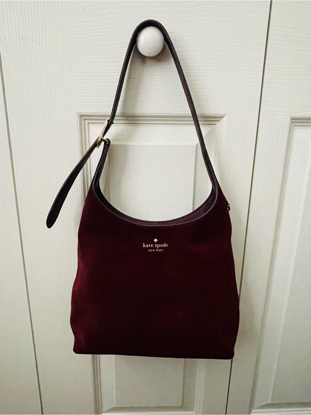 kate spade Burgundy Suede Shoulder Bag with Gold Logo